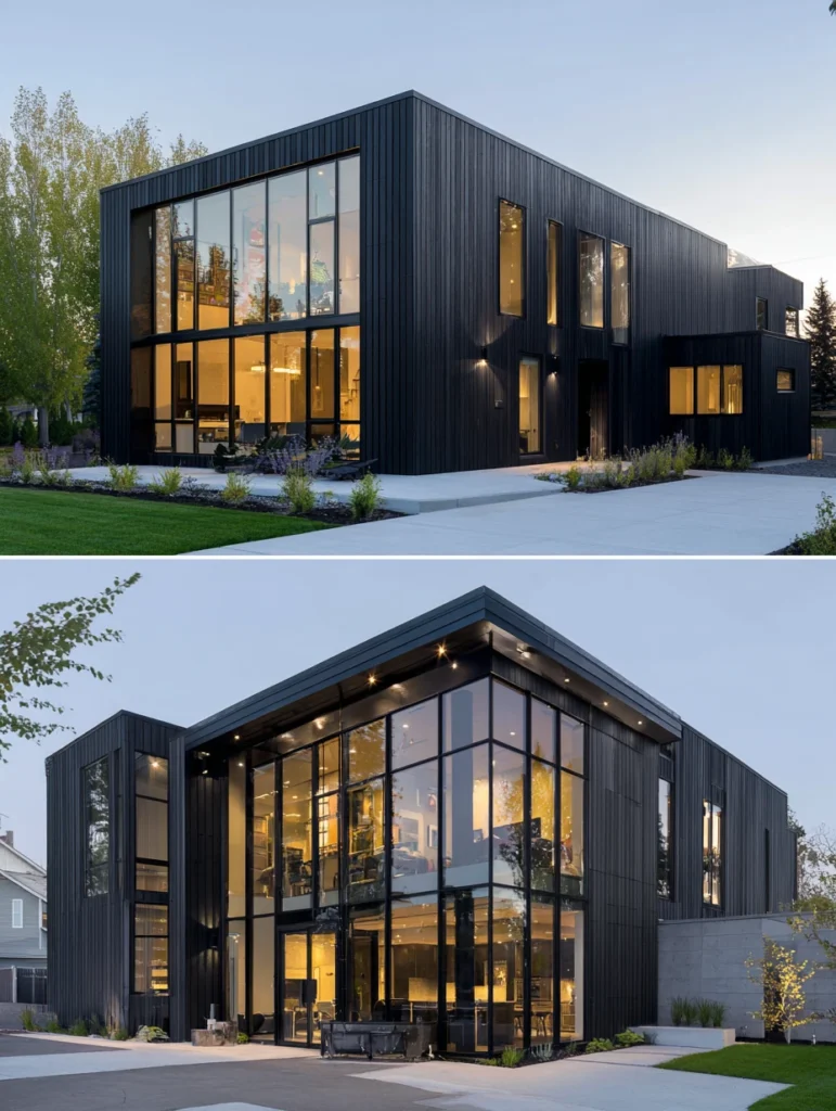 Dark Exterior House Color Schemes: Black with Floor-to-Ceiling Windows