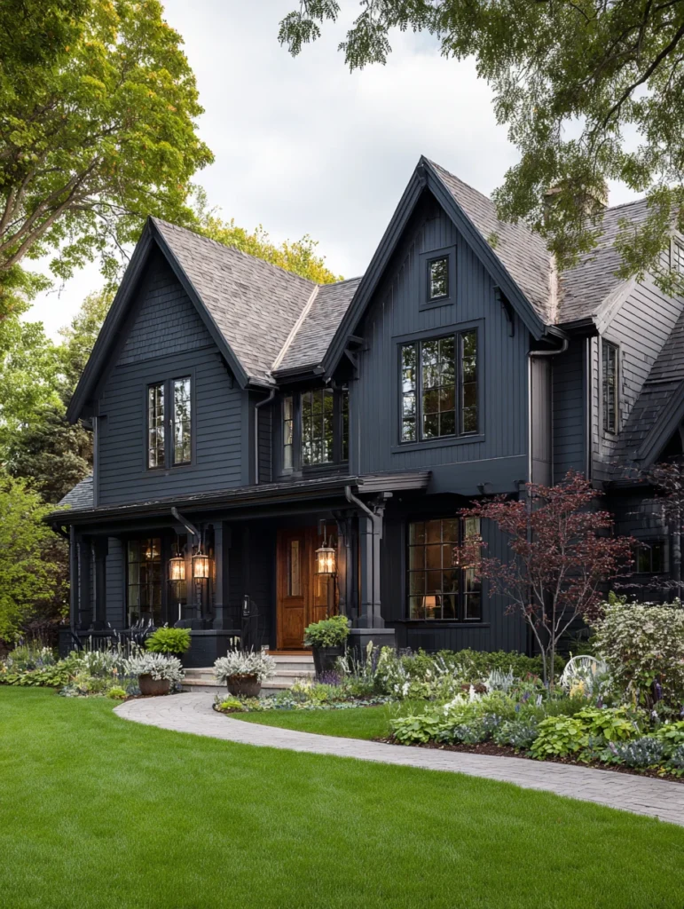 Dark Exterior House Color Schemes: Charcoal with Dark Bronze Fixtures