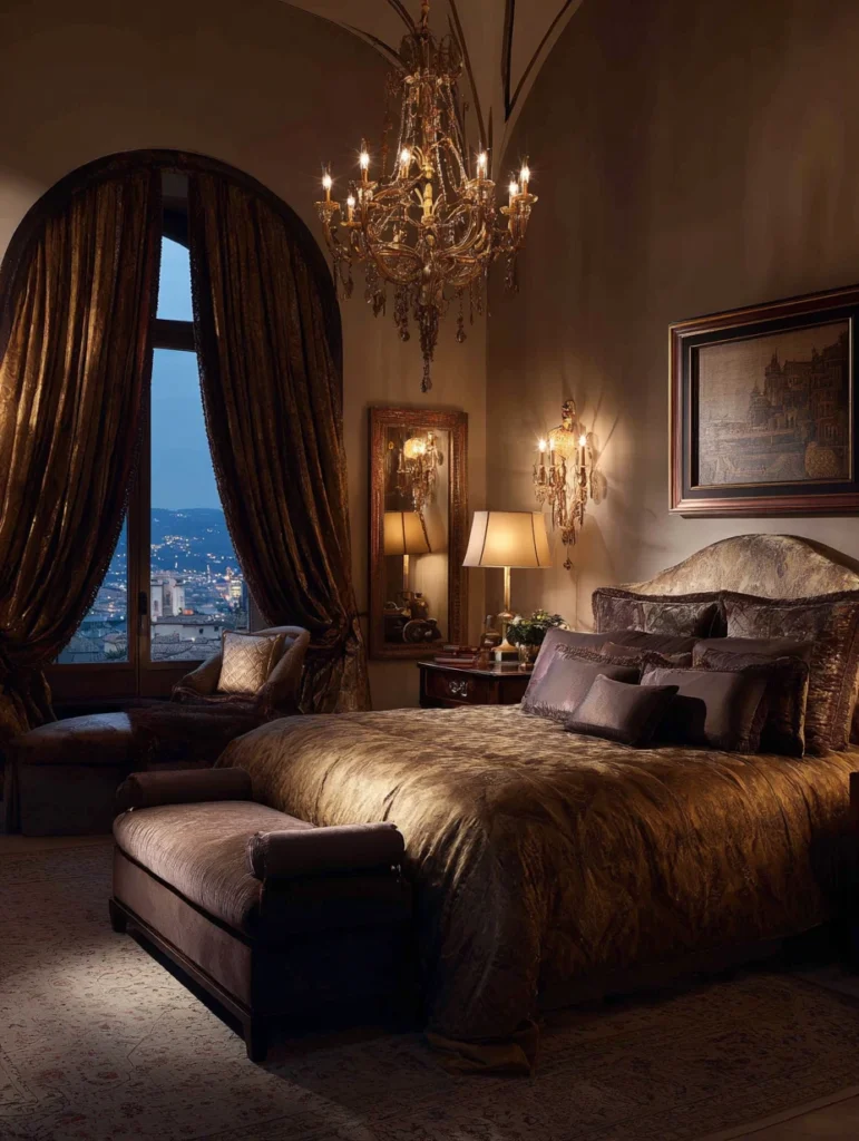 Aesthetic Italian Bedroom Ideas: Dim, Layered Lighting with Brass Fixtures