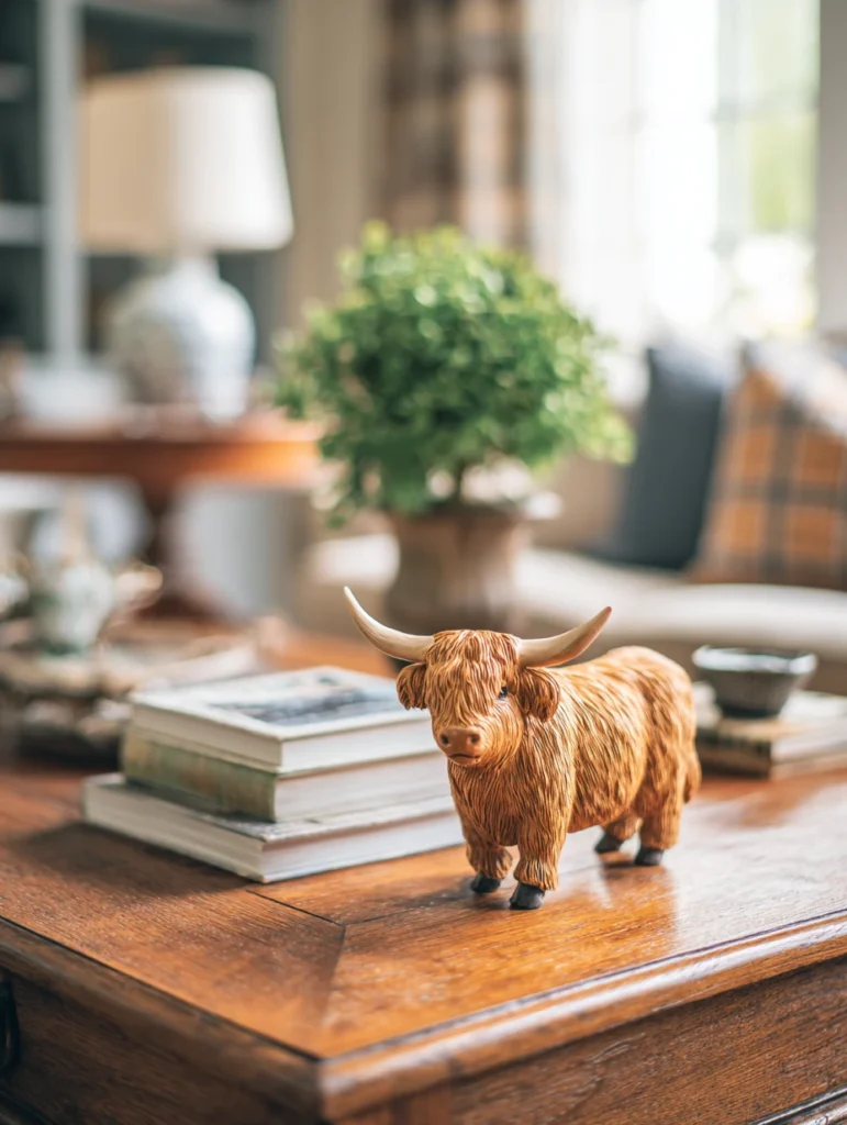 Scottish Coffee Table Styling Ideas: Display a Small Highland Cow Figurine