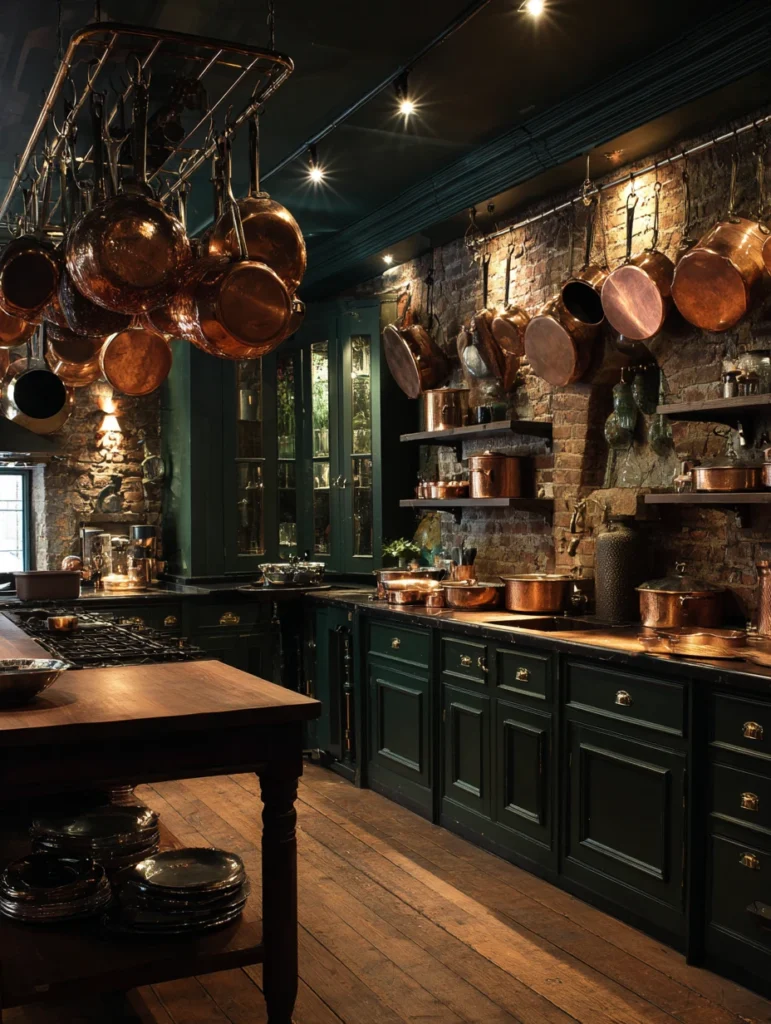 Witchy Kitchen Aesthetic Ideas: Copper Pots and Hanging Racks
