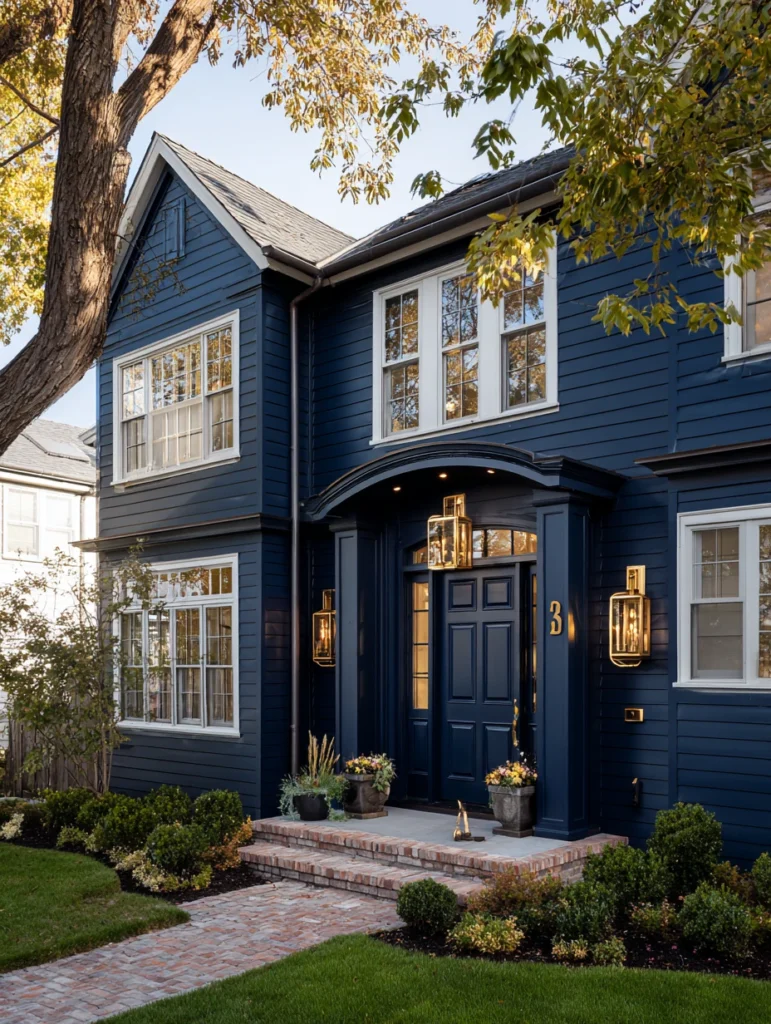 Dark Exterior House Color Schemes: Deep Navy Blue with Brass Hardware