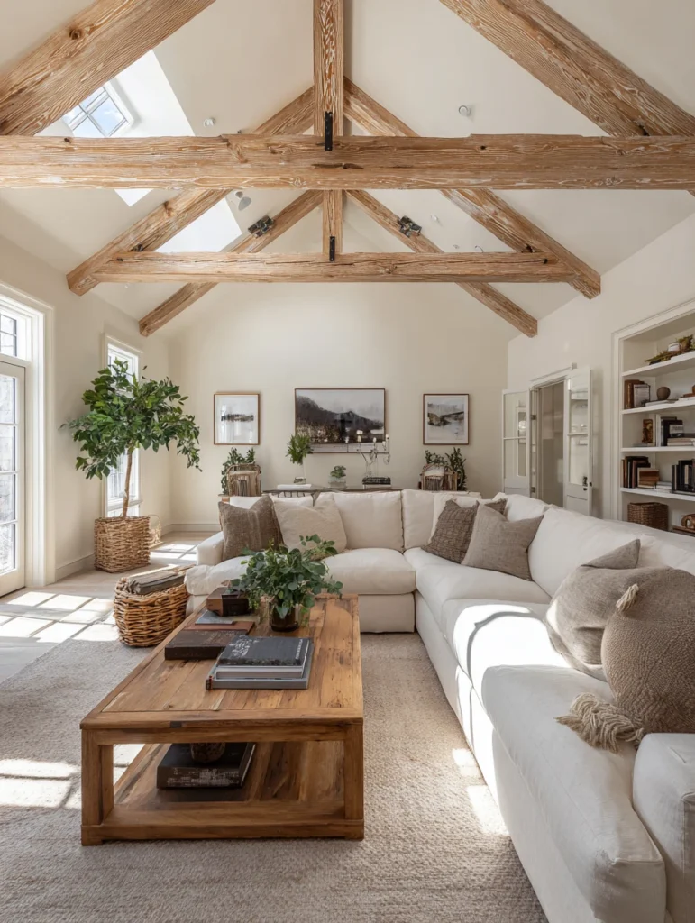 Aesthetic Irish Living Room Ideas: Whitewashed Wood Ceiling Beams