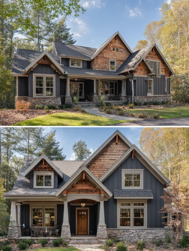 Dark Exterior House Color Schemes: Charcoal with Cedar Shake Accents