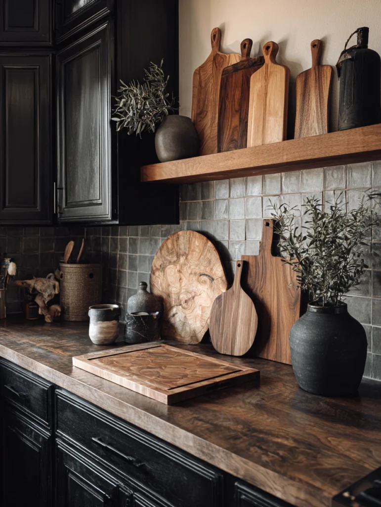 Witchy Kitchen Aesthetic Ideas: Dark Wood Cutting Boards as Wall Art
