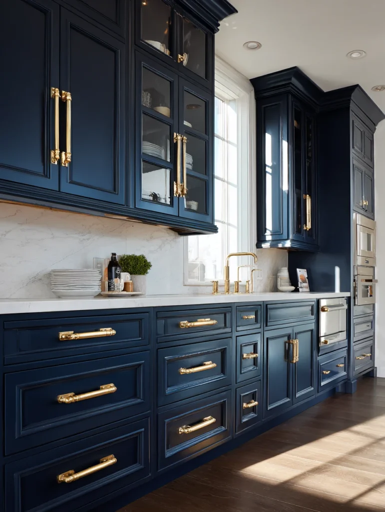 Navy Blue Kitchen Cabinet Ideas: Navy and Brass Hardware Combination