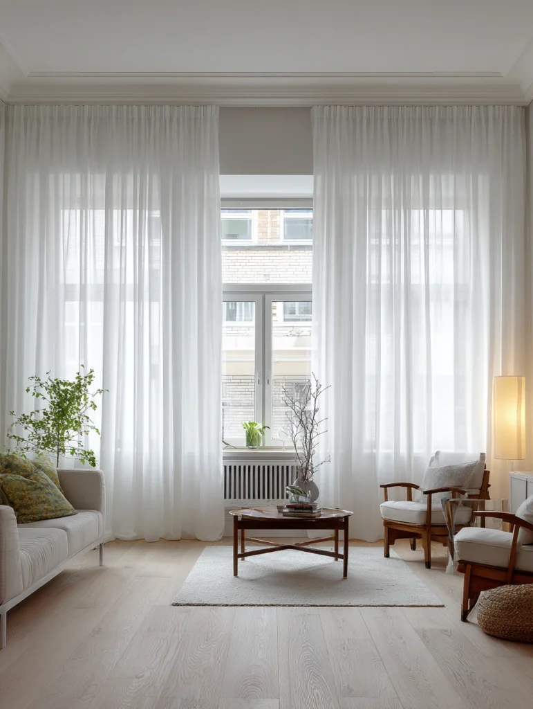 Stunning Swedish Living Room Ideas: Install Simple White Curtains
