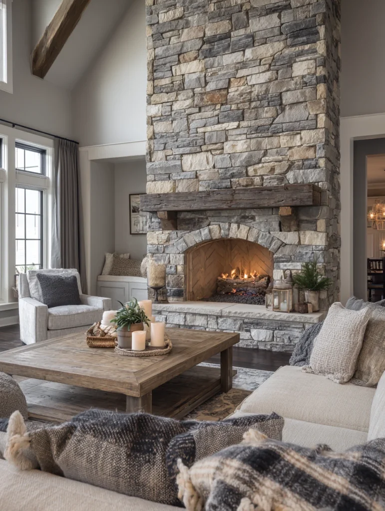 Aesthetic Scottish Living Room Ideas: Stone Fireplace Feature