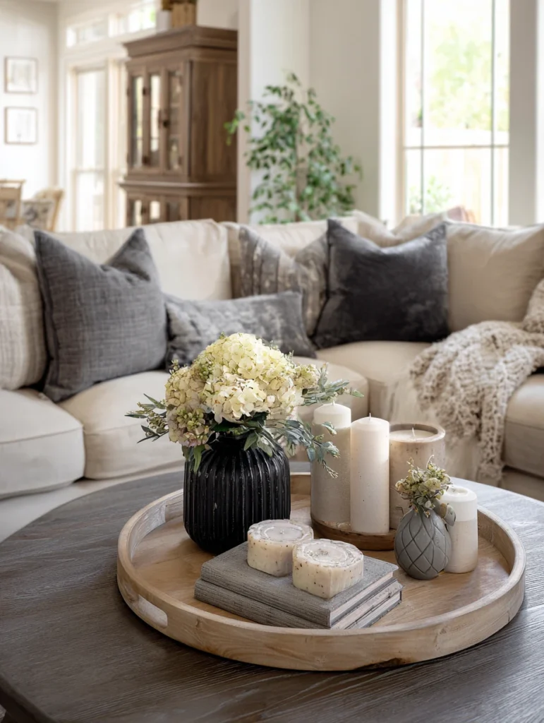 Elegant Round Coffee Table Styling Ideas: Use a Decorative Tray to Contain the Chaos
