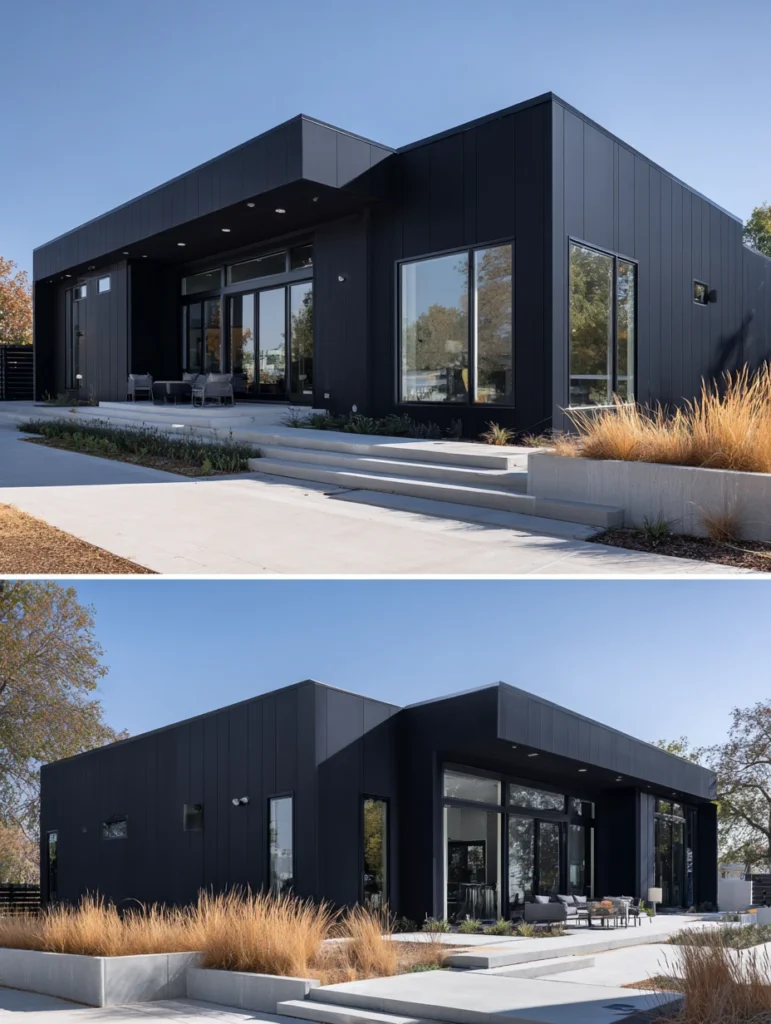 Dark Exterior House Color Schemes: Matte Black with White Windows