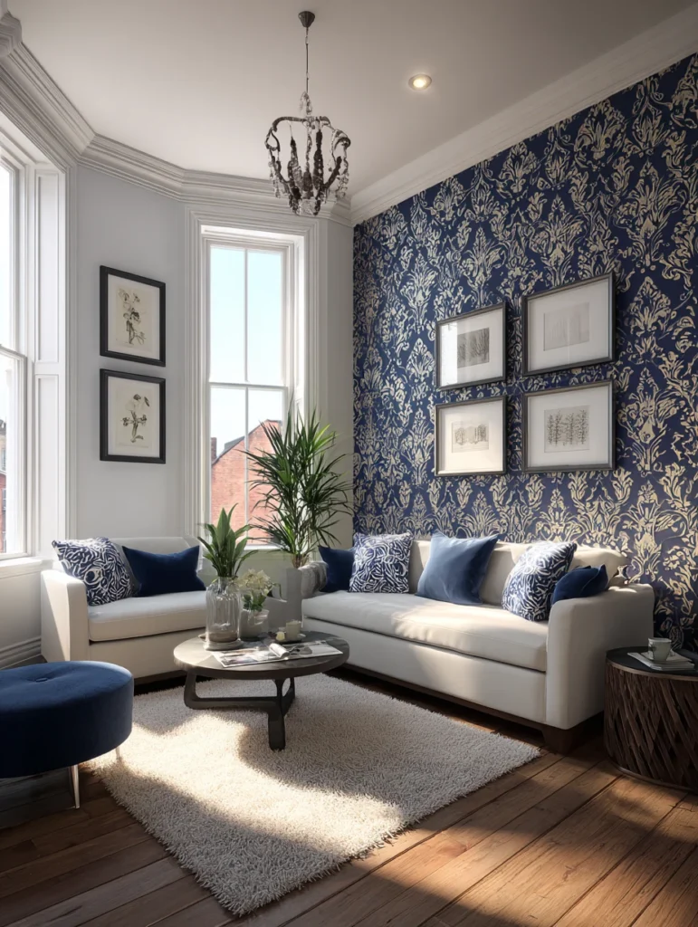 Modern Victorian Living Room Design Ideas: Use Patterned Wallpaper as an Accent Wall