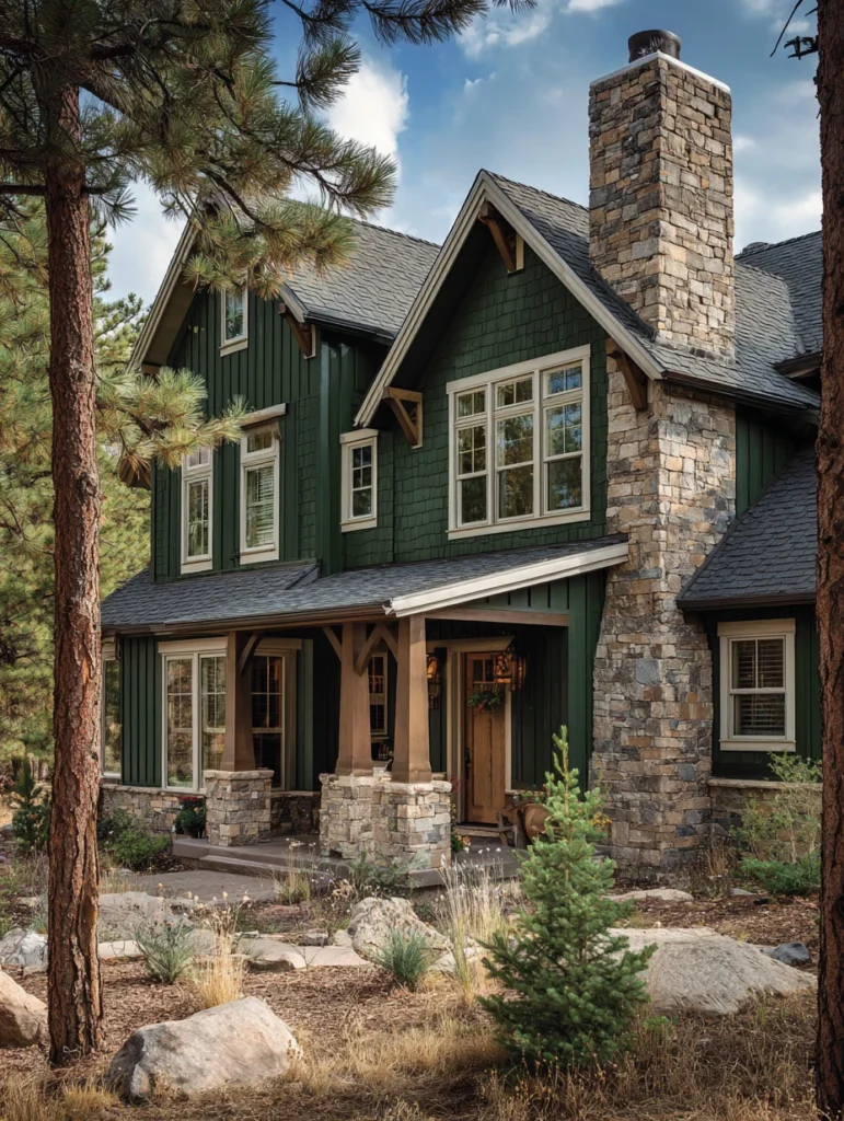 Dark Exterior House Color Schemes: Dark Forest Green with Stone Veneer