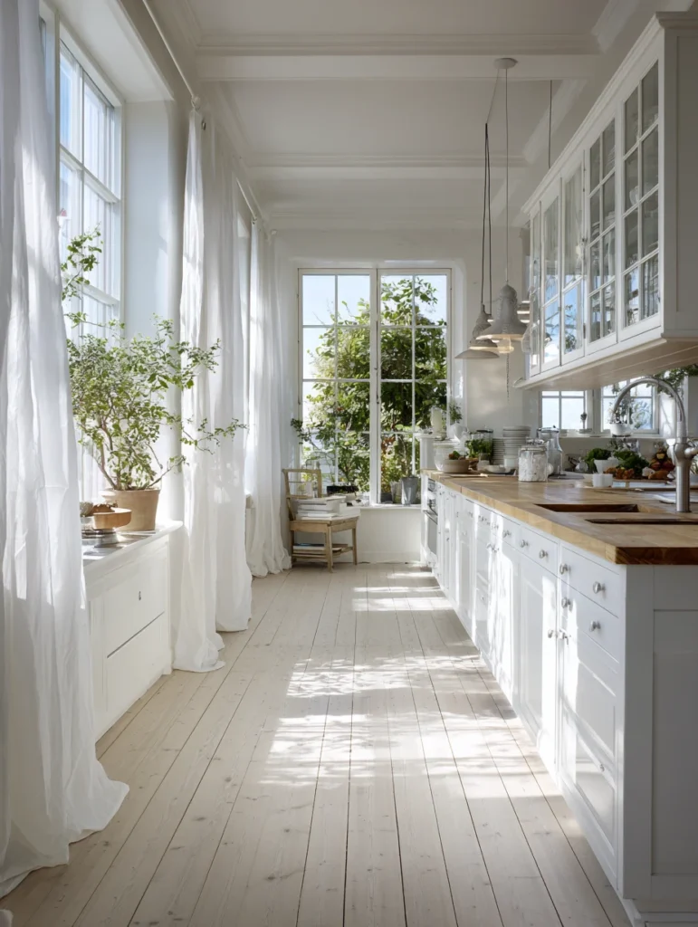 Stunning Swedish Kitchen Ideas: Large Windows with Minimal Treatments