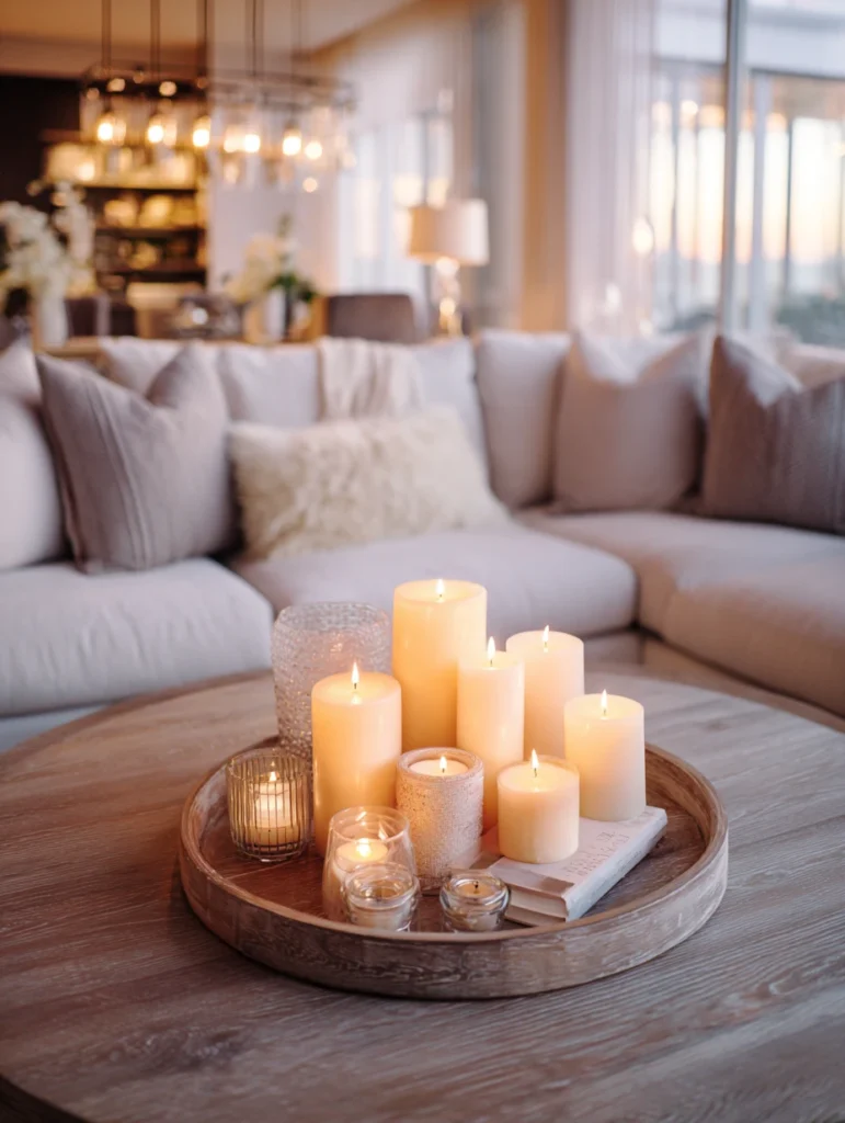 Elegant Round Coffee Table Styling Ideas: Play with Candles for Warmth and Ambiance