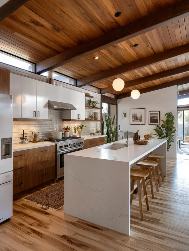 Mid-Century Modern Kitchen Ideas: Add Wood Accents on Ceilings or Walls