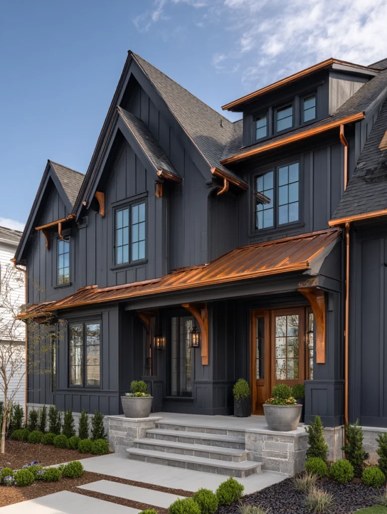 Dark Exterior House Color Schemes: Charcoal Gray with Copper Accents
