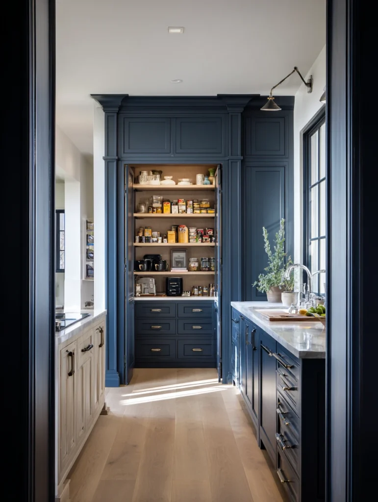 Navy Blue Kitchen Cabinet Ideas: Navy Pantry as Statement Piece