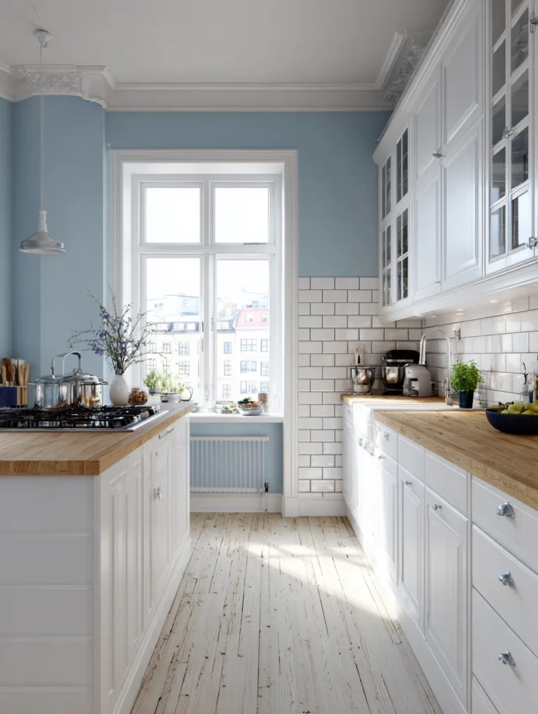 Stunning Swedish Kitchen Ideas: Pale Blue-Gray Wall Colors