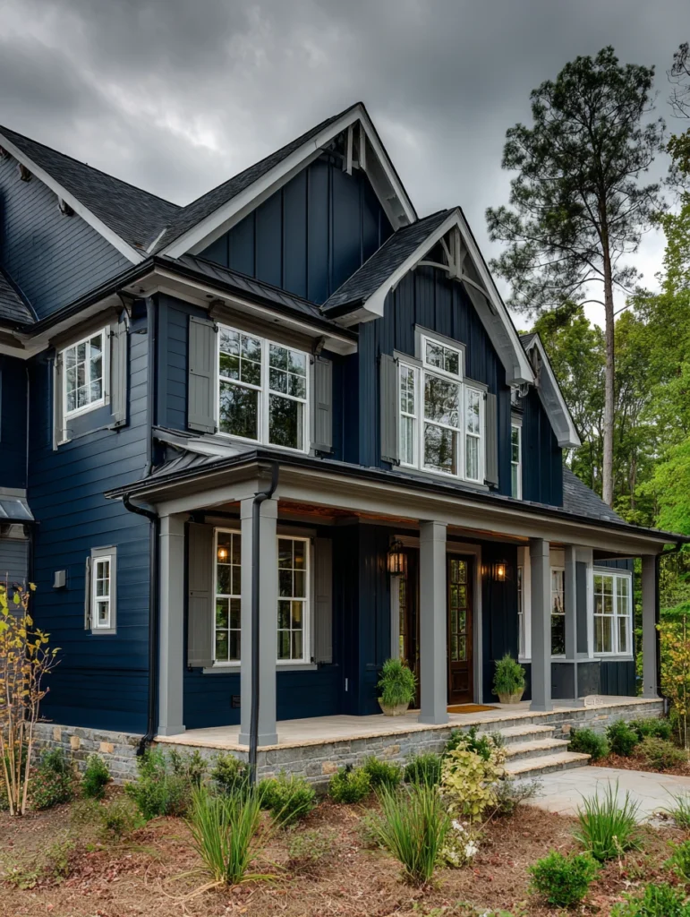 Dark Exterior House Color Schemes: Midnight Blue with Gray Accents
