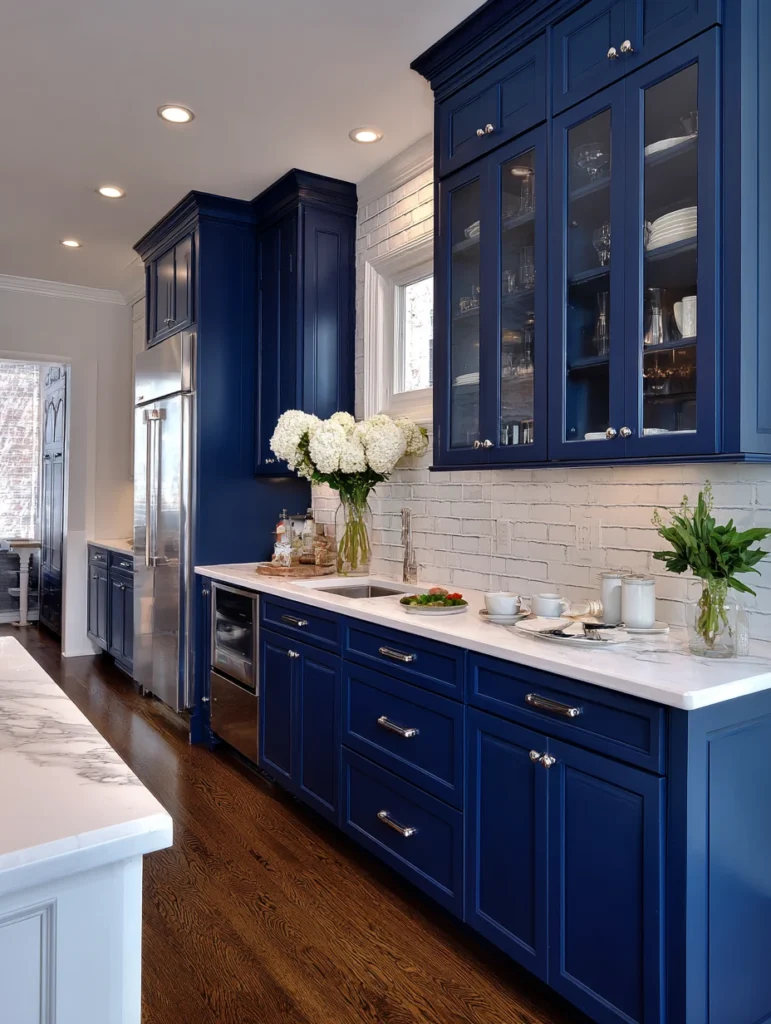 Navy Blue Kitchen Cabinet Ideas: Navy with White Subway Tile Backsplash
