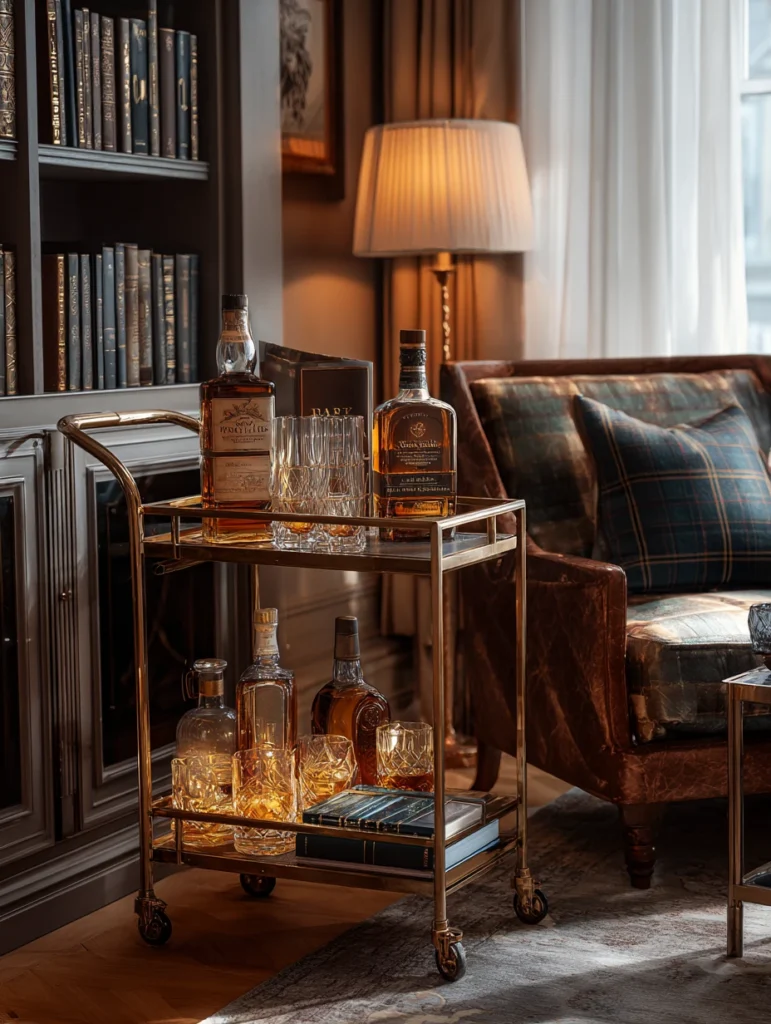 Aesthetic Scottish Living Room Ideas: Whisky Bar Cart Setup