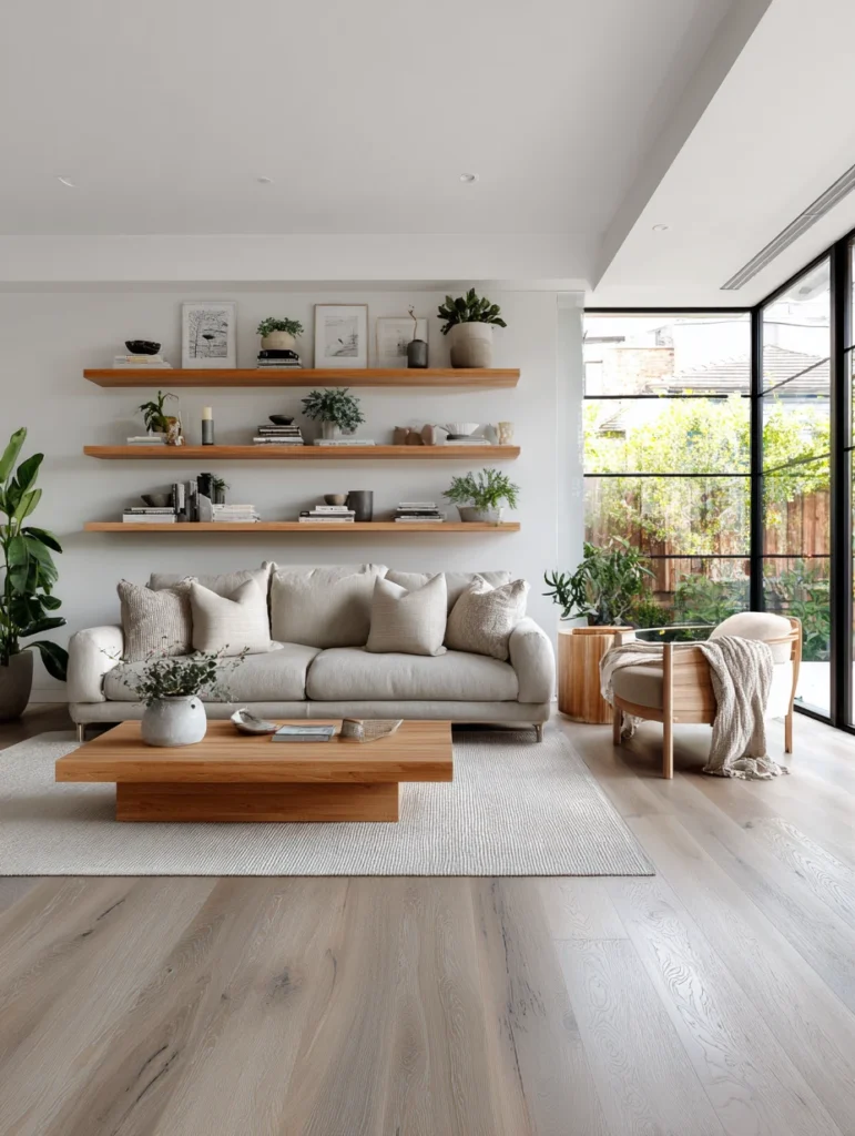 Grey Flooring Living Room Ideas: Warm It Up With Honey-Toned Wood Accents