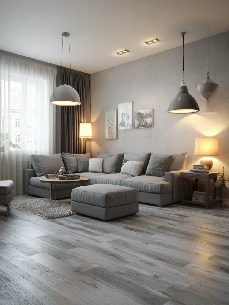 Grey Flooring Living Room Ideas: Create Zones With Different Lighting