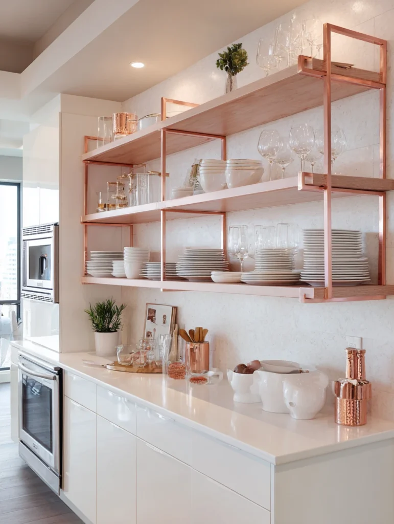 Rose Gold Kitchen Ideas: Rose Gold Shelf Brackets for Open Shelving