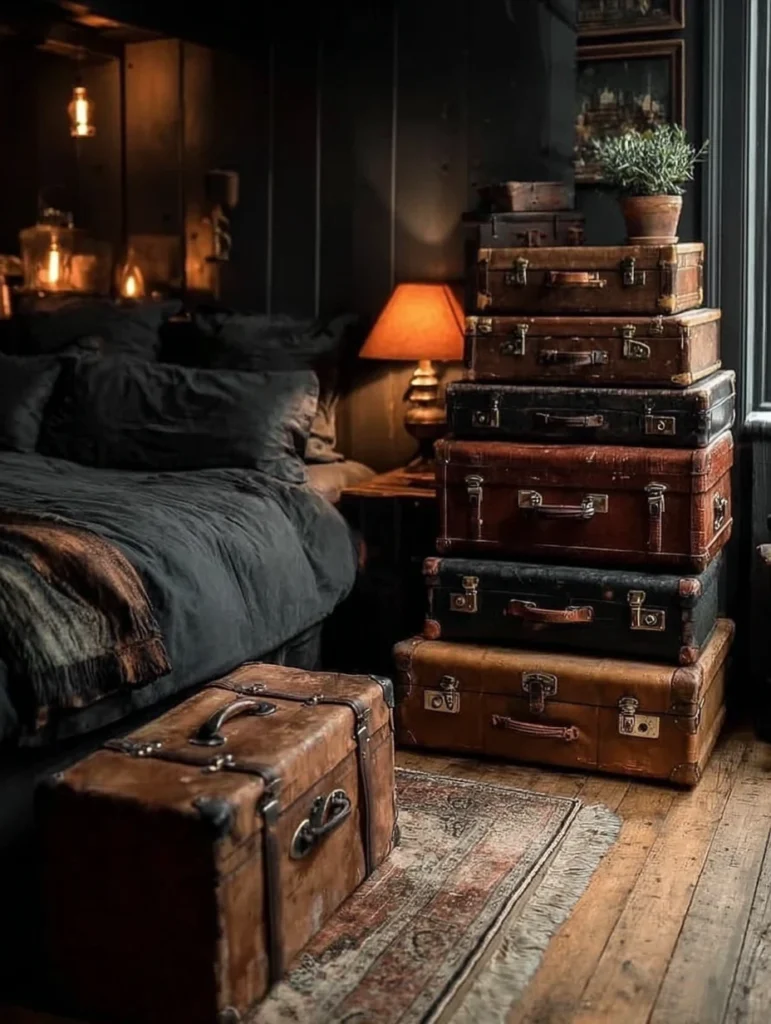 Aesthetic Grunge Room Ideas: Stack Vintage Suitcases for Storage