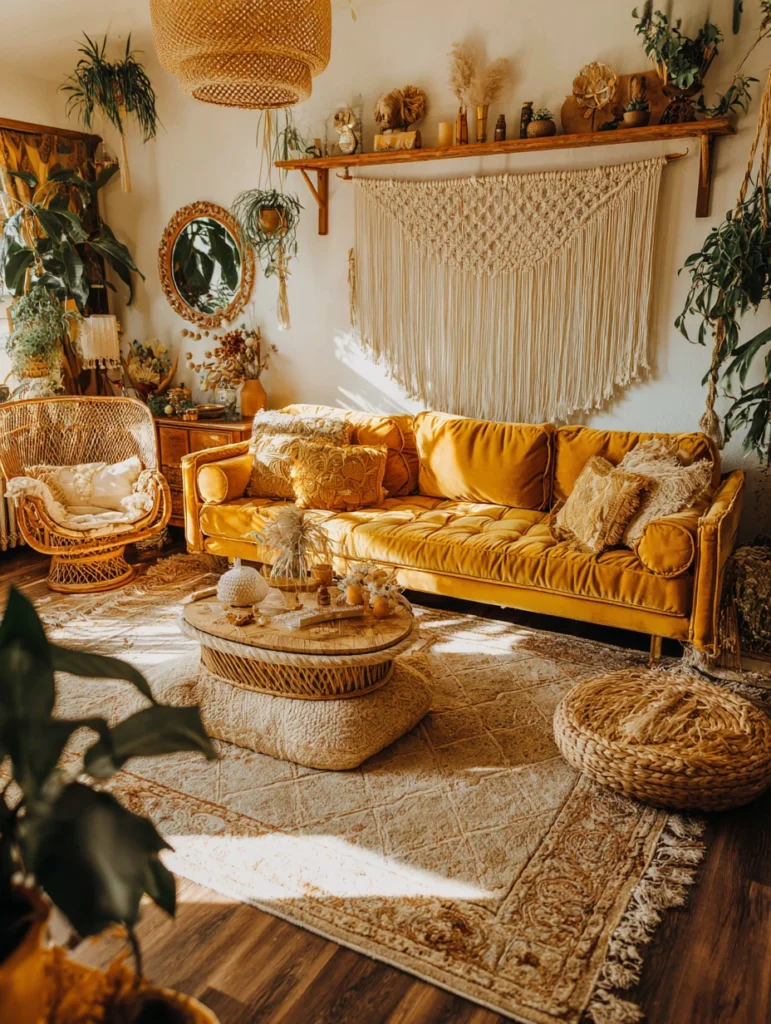 Yellow Couch Living Room Ideas: Embrace Boho Vibes with Macrame and Rattan