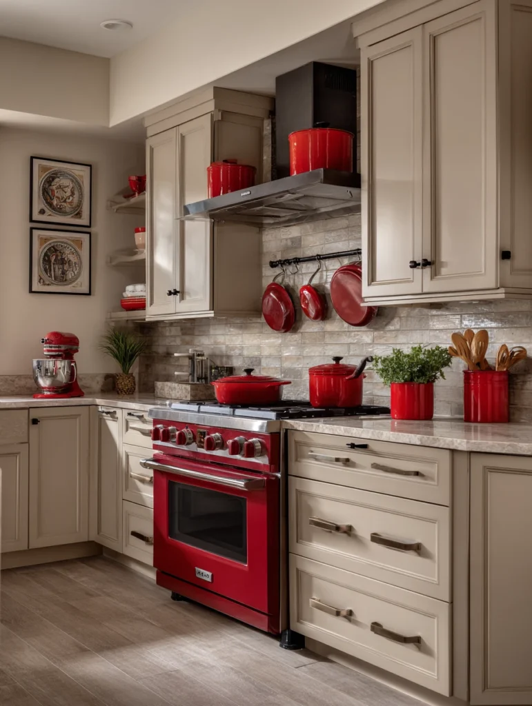 Red Kitchen Decor Ideas: Red Cookware and Utensil Holder