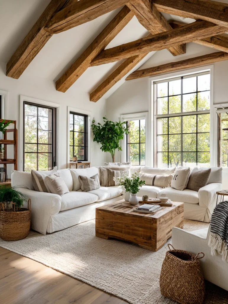 Aesthetic Farmhouse Living Room Ideas: Wooden Beam Ceiling Detail