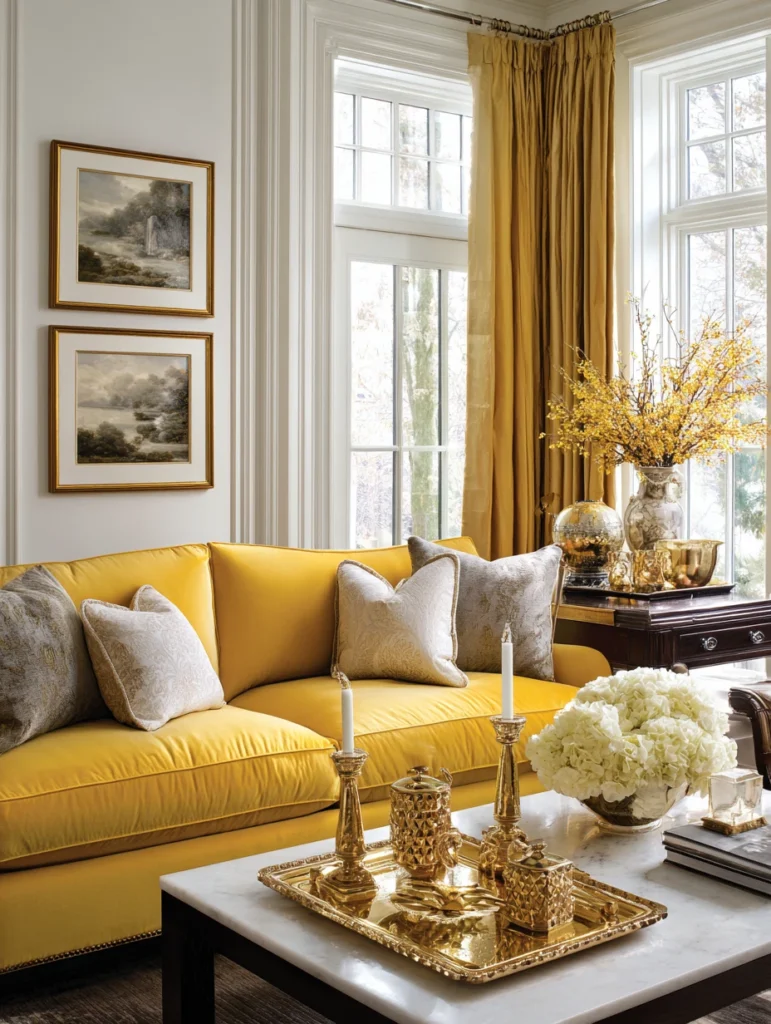 Yellow Couch Living Room Ideas: Add Warmth with Brass and Gold Hardware