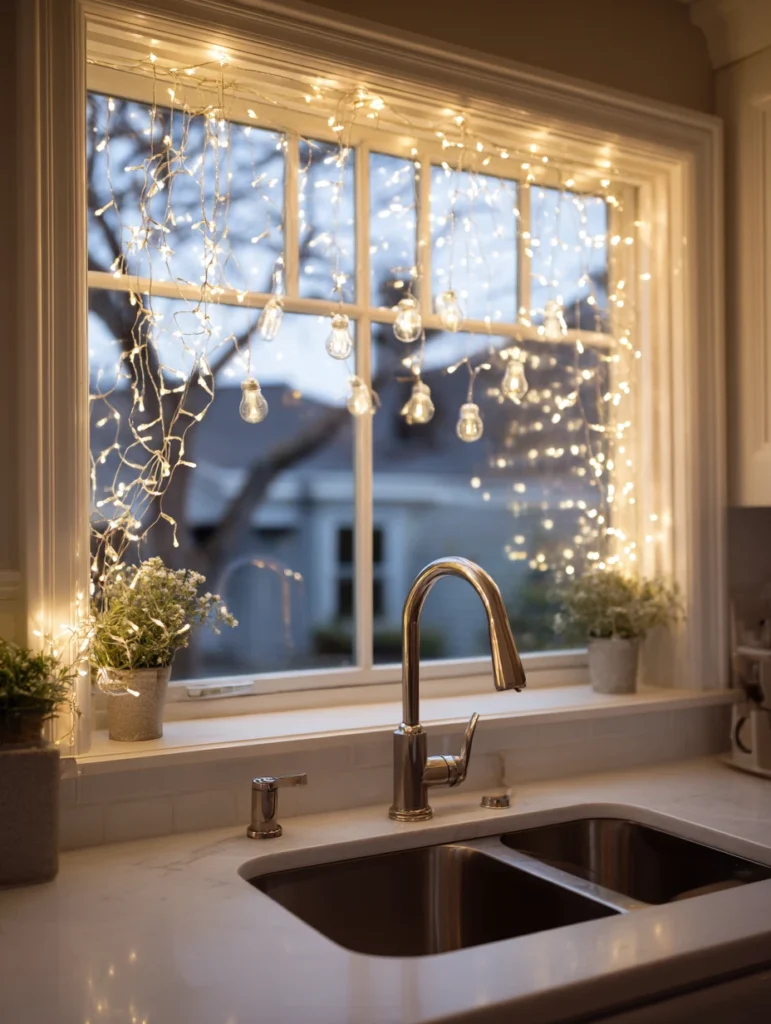 Above Kitchen Sink Ideas: Hang String Lights or Fairy Lights