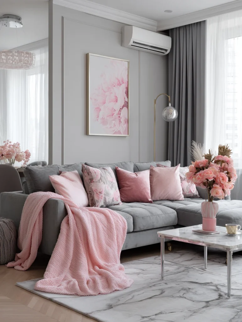 Grey Couch Living Room Ideas: Add a Pop of Blush Pink