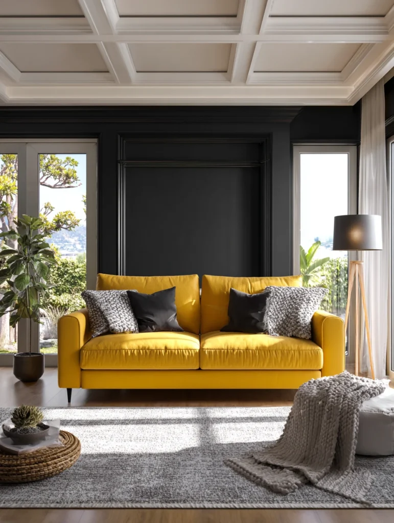Yellow Couch Living Room Ideas: Create Depth with Dark Accent Walls