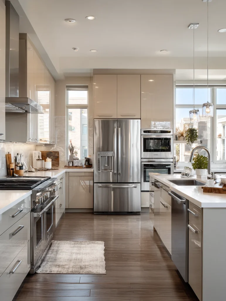 Grey and Beige Kitchen Ideas: Grey Stainless Steel Appliances with Beige Cabinetry