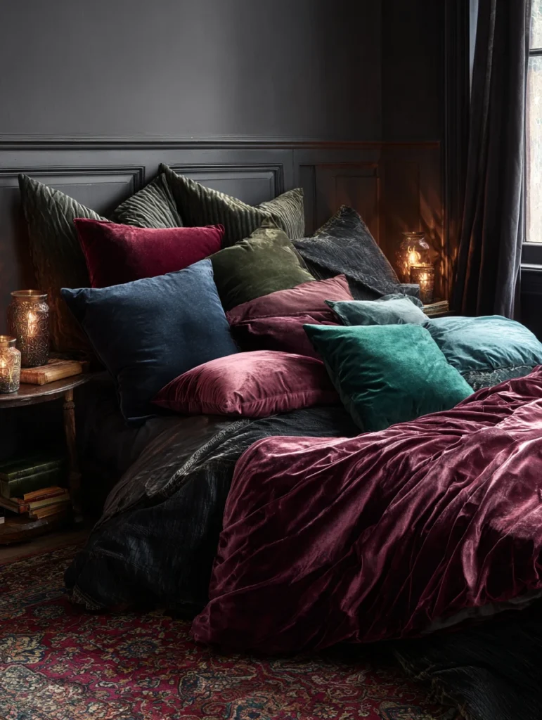 Aesthetic Grunge Room Ideas: Incorporate Velvet Pillows in Deep Jewel Tones