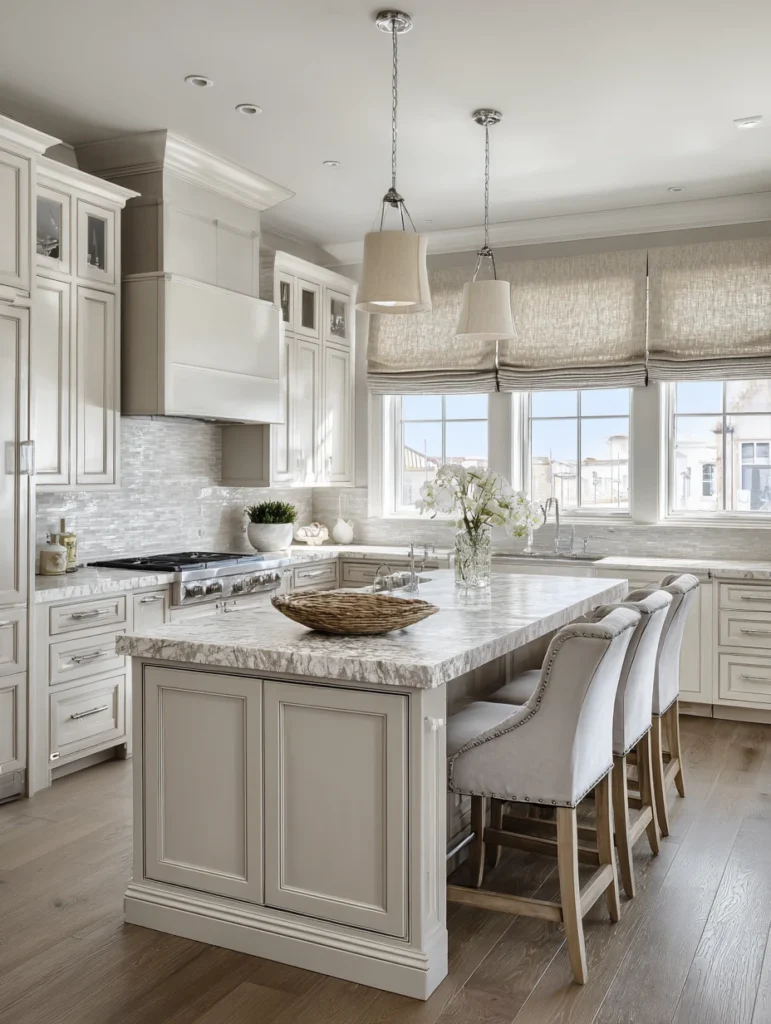 Grey and Beige Kitchen Ideas: Beige Window Treatments with Grey Roman Shade Lining