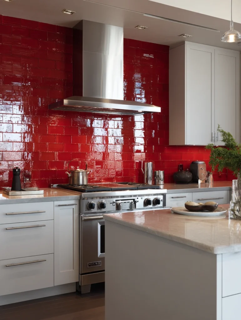 Red Kitchen Decor Ideas: Red Glass Tile Backsplash