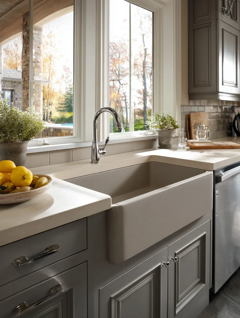 Grey and Beige Kitchen Ideas: Grey Farmhouse Sink with Beige Surrounding Countertops