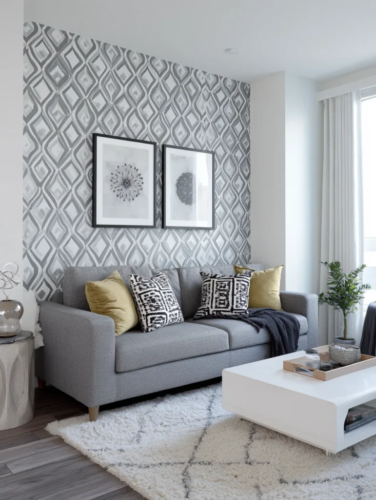 Grey Flooring Living Room Ideas: Play With Pattern Through Wallpaper