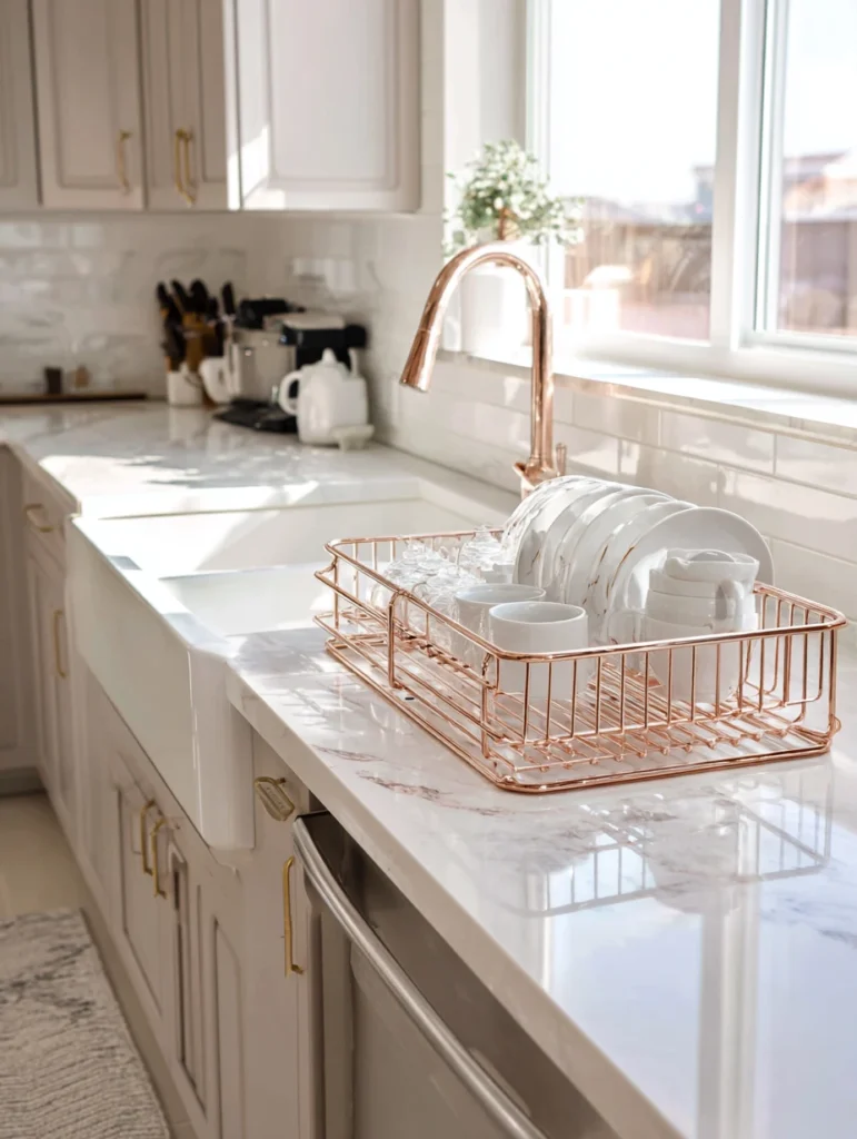 Rose Gold Kitchen Ideas: Rose Gold Dish Rack by the Sink