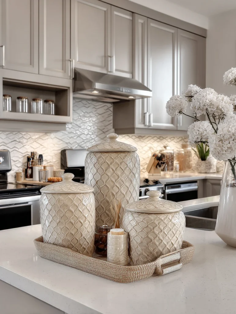 Grey and Beige Kitchen Ideas: Beige Ceramic Canisters on Grey Countertops