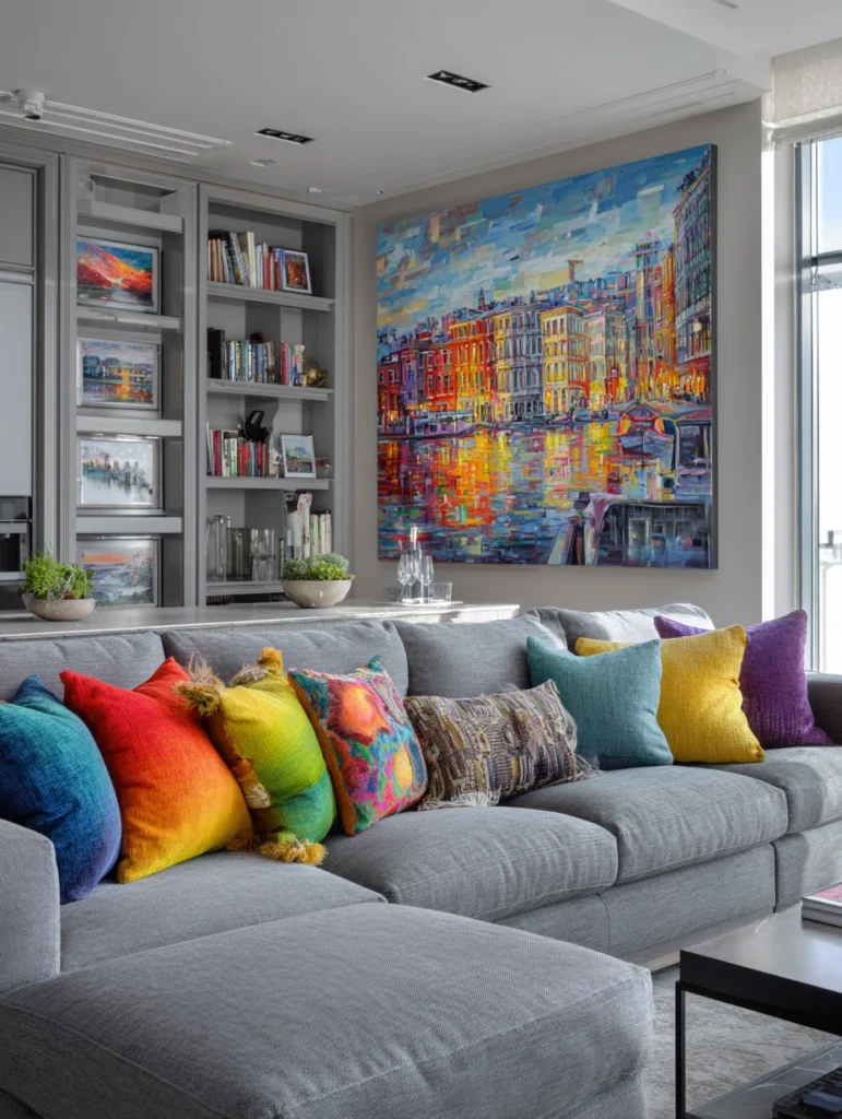 Grey Couch Living Room Ideas: Add Colorful Artwork