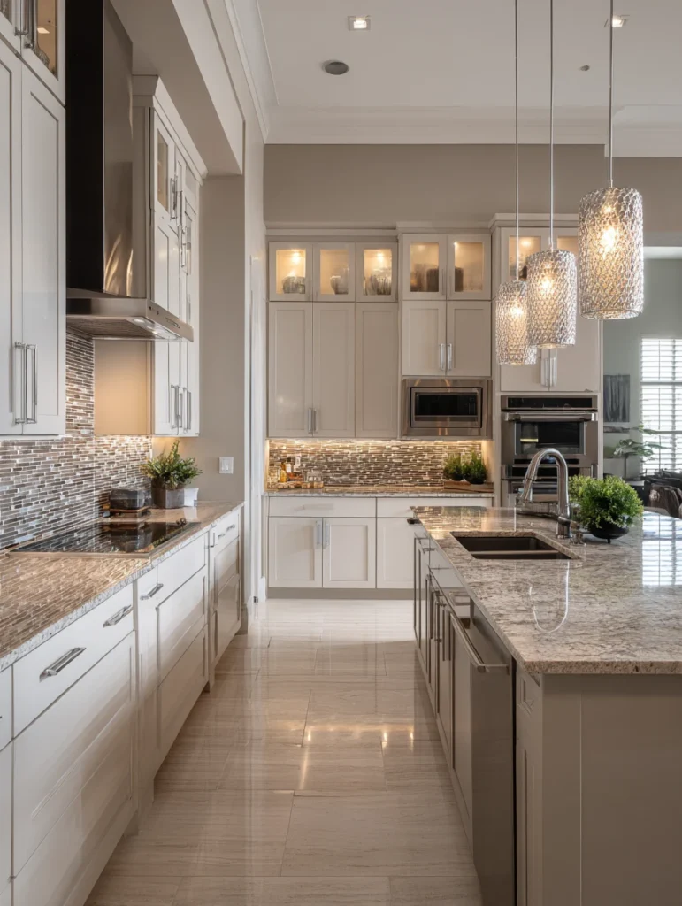 Grey and Beige Kitchen Ideas: Grey Backsplash with Beige Glass Tile Accents