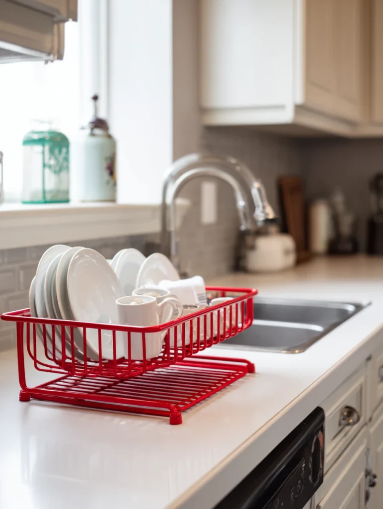 Red Kitchen Decor Ideas: Red Dish Drying Rack