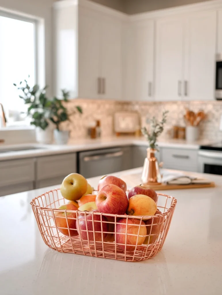 Rose Gold Kitchen Ideas: Rose Gold Fruit Basket on the Counter