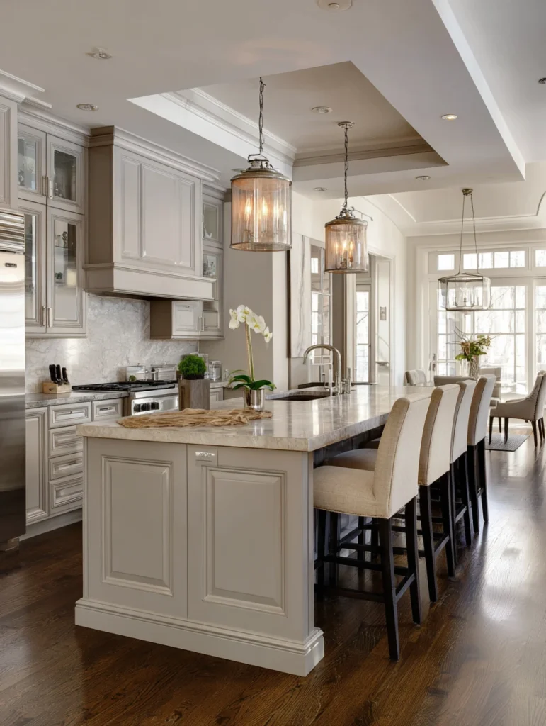 Grey and Beige Kitchen Ideas: Beige Bar Stools at Grey Kitchen Island