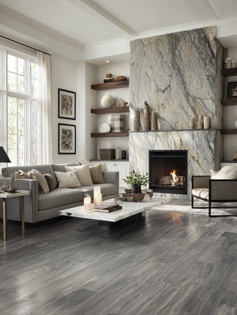 Grey Flooring Living Room Ideas: Incorporate Natural Stone Accents